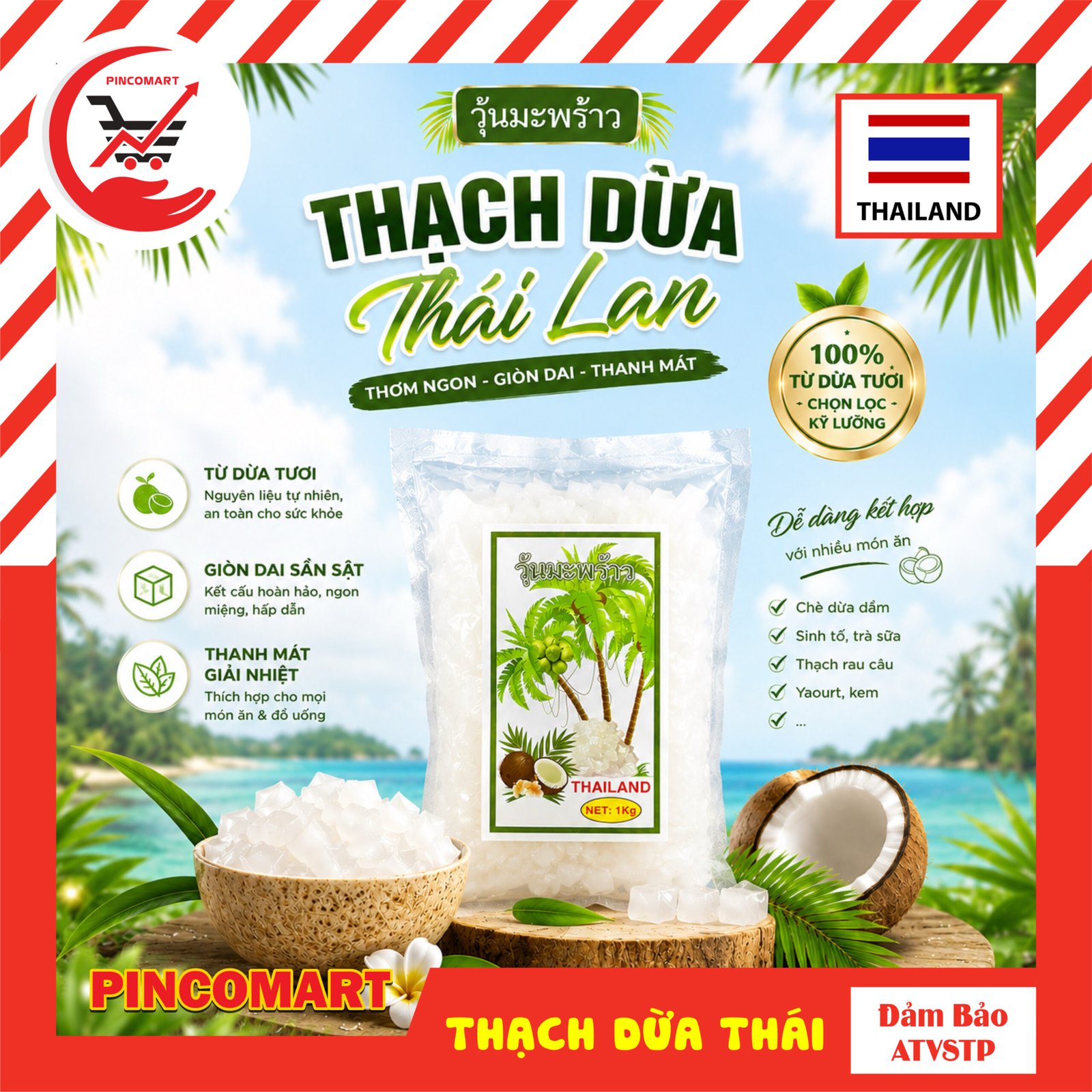 (1kg) Thạch Dừa Thái Lan Nata de Coco ngon dai dai dạng bịch - Hàng nhập khẩu Thái | HH109